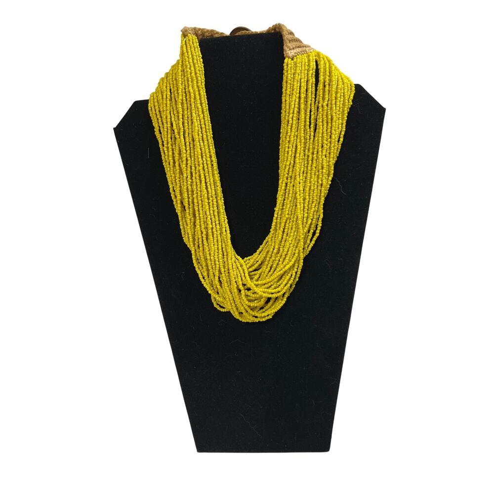 VTG Naga Multi-Strand Seed Bead Necklace Chartreuse Mustard Yellow w Coin Clasp